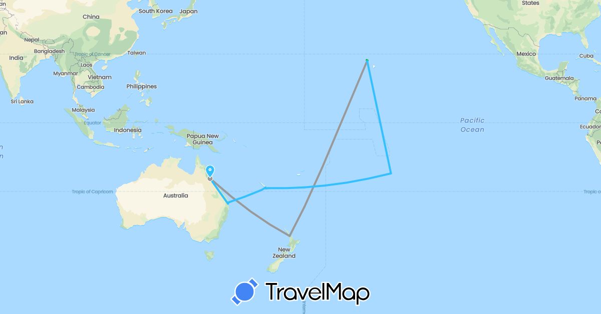 TravelMap itinerary: driving, bus, plane, boat in Australia, France, New Zealand, United States (Europe, North America, Oceania)