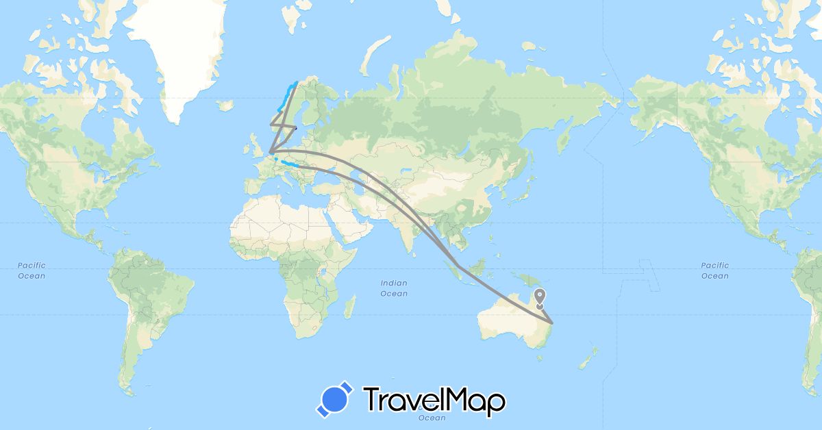 TravelMap itinerary: driving, plane, train, boat in Austria, Australia, Germany, Denmark, Hungary, Netherlands, Norway, Sweden, Singapore, Slovakia (Asia, Europe, Oceania)