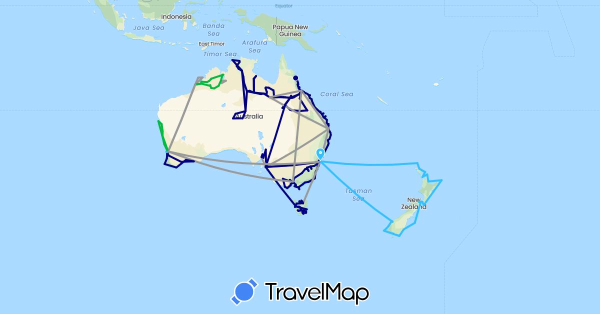 TravelMap itinerary: driving, bus, plane, cycling, train, boat in Australia, New Zealand (Oceania)
